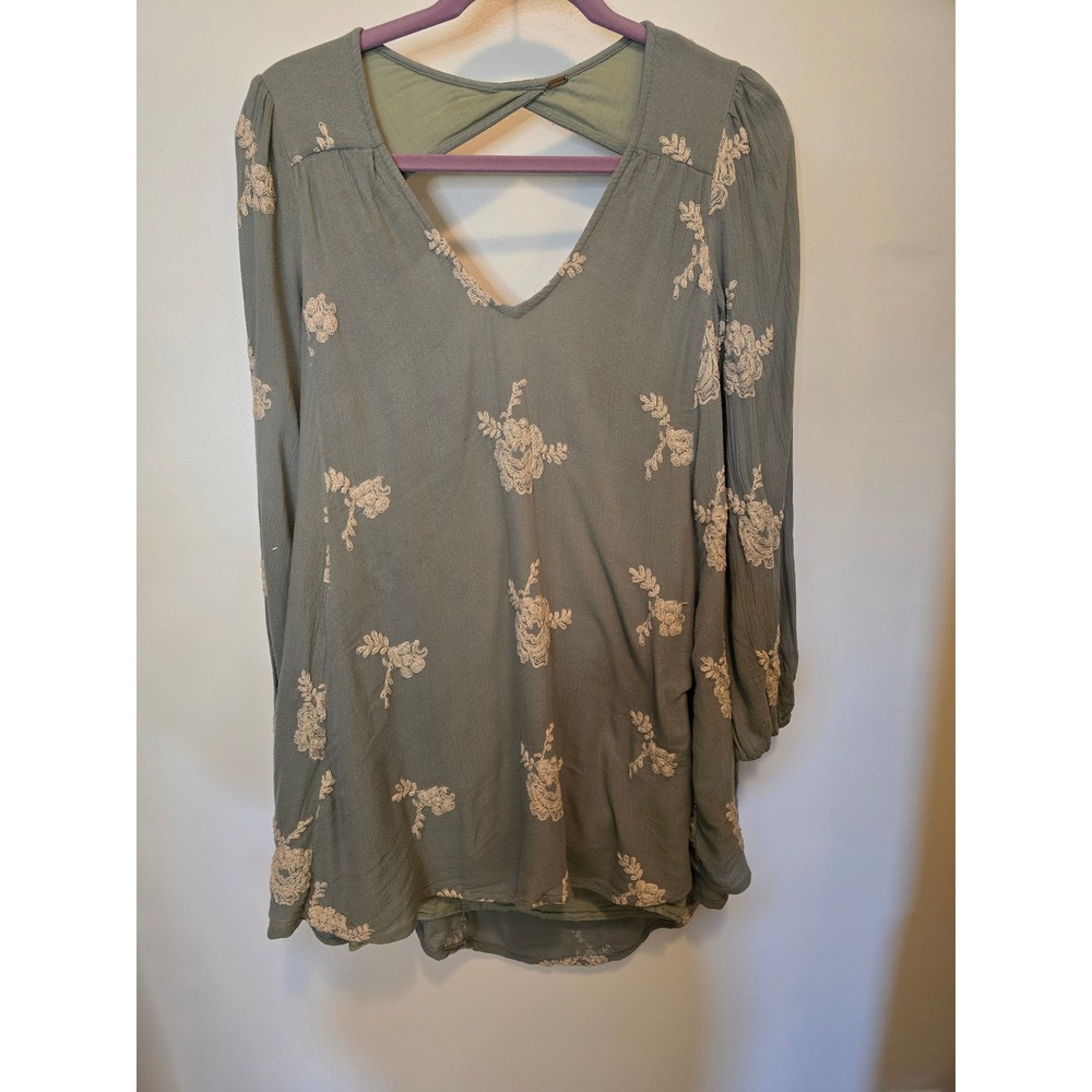 Free People Embroidered Open Back Mini Dress Sage Green Boho Long Sleeve Tunic